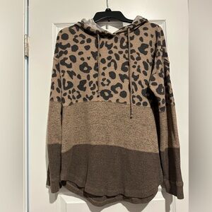 Hem & Thread Leopard Print Color Block Oversized Hoodie Small
